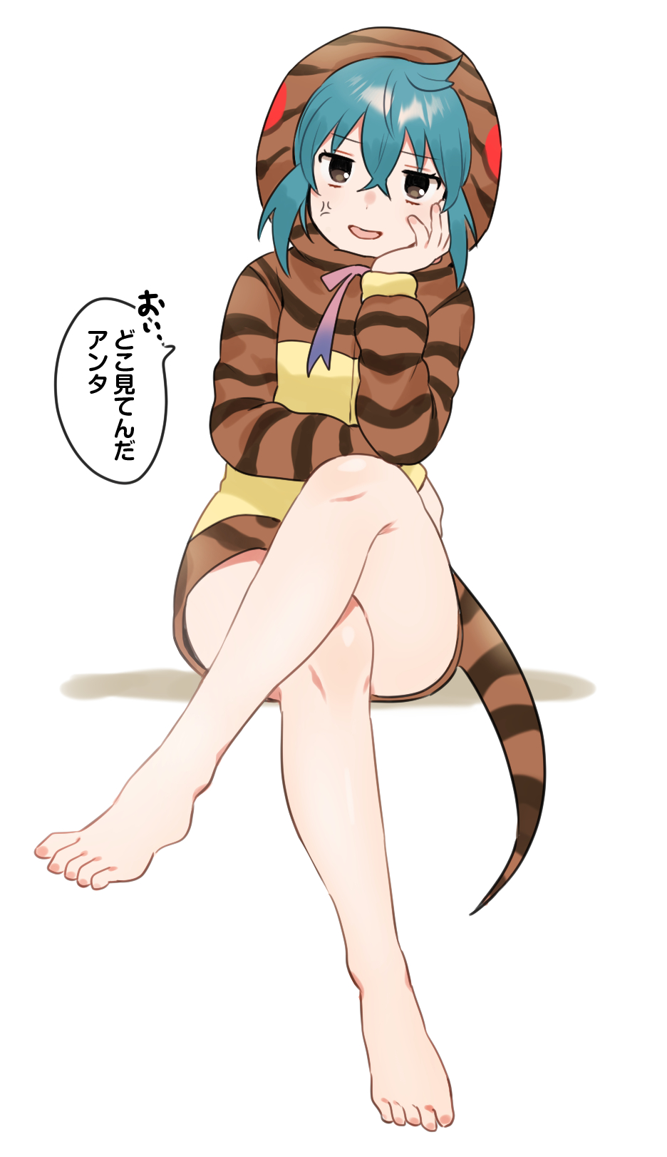 1girl, anger_vein, bare_legs, barefoot, blue_hair, brown_eyes, commentary_request, crossed_legs