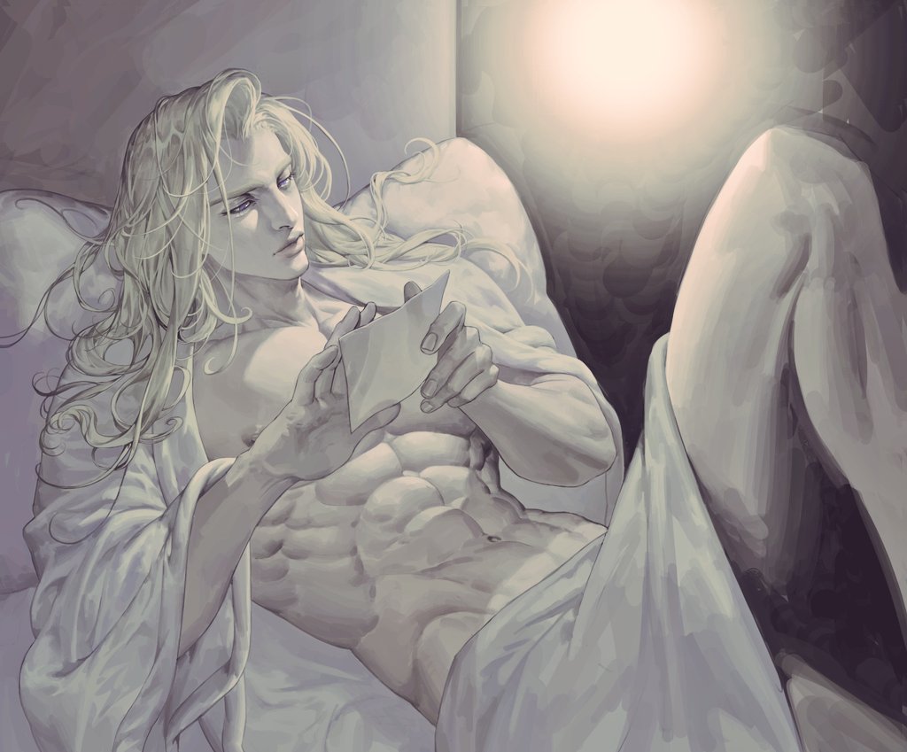 1boy, abs, an_kyoung, bare_pectorals, bathrobe, closed_mouth, colored_skin, commentary_request