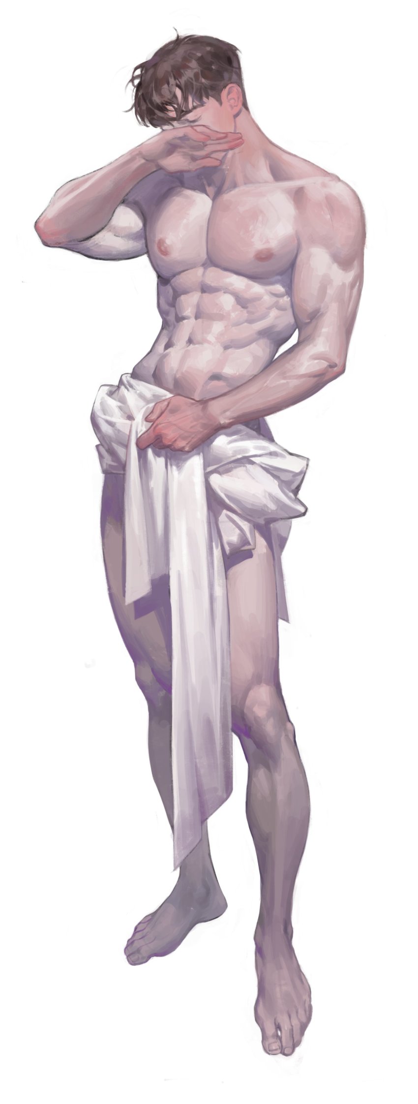 1boy, abs, absurdres, an_kyoung, barefoot, brown_hair, commentary_request, covered_mouth, covering_privates, closed_eyes, full_body, hand_up, highres, korean_commentary, large_pectorals, male_focus, muscular, muscular_male, navel, nipples, nude_cover, original, pectorals, short_hair, simple_background, solo, standing, toenails, white_background