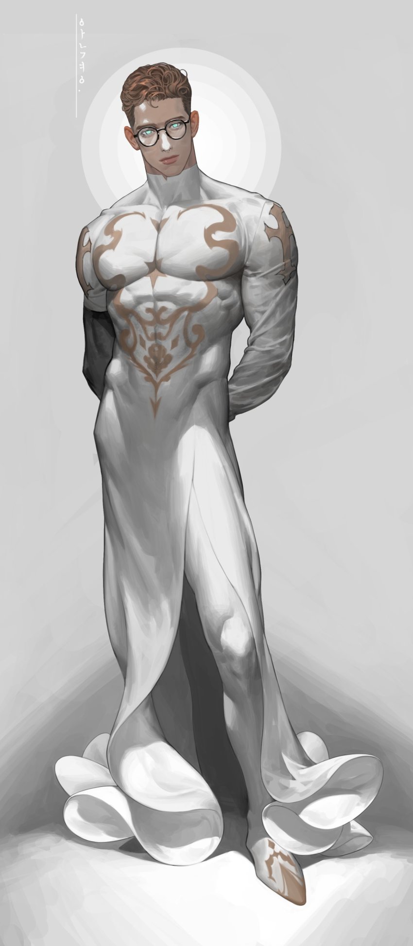 1boy, absurdres, an_kyoung, aqua_eyes, arms_behind_back, artist_name, asymmetrical_sleeves, black-framed_eyewear, brown_hair, character_request, check_character, closed_mouth, commentary_request, cross, full_body, glasses, highres, korean_commentary, large_pectorals, looking_at_viewer, male_focus, muscular, muscular_male, no_pupils, original, pectorals, robe, round_eyewear, short_hair, side_slit, solo, standing, untranslatable_commentary, uneven_sleeves, white_footwear, white_legwear, white_robe