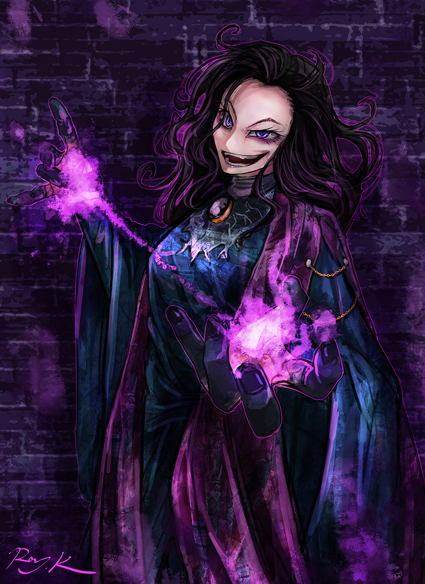 1girl, agatha_harkness, amulet, animification, black_hair, brick_wall, commentary_request, energy, glowing, highres, long_hair, looking_at_viewer, marvel, purple_eyes, ray-k, robe, signature, smirk, solo, wandavision, wide_sleeves, witch