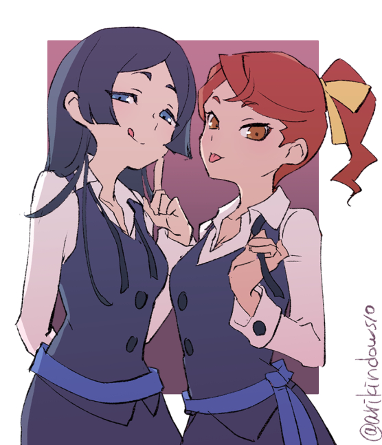 2girls, ahoge, arikindows10, backlighting, barbara_parker, blue_eyes, blue_hair, blue_ribbon, blue_sash, blue_skirt, blue_vert, blue_vest, bow, breasts, brown_eyes, brown_hair, cleavage, collarbone, collared_shirt, gradient_background, hair_bow, hannah_england, hime_cut, light_blush, little_witch_academia, long_hair, long_sleeves, looking_at_viewer, luna_nova_school_uniform, multiple_girls, neck_ribbon, parted_hair, ponytail, ribbon, sash, school_uniform, shirt, short_eyebrows, skirt, smile, tongue, tongue_out, twitter_username, undone_neck_ribbon, undone_neckwear, vest, white_shirt, yellow_bow