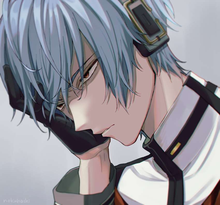 1boy, angry, black_gloves, blue_hair, close-up, coat, commentary, kaito_(general)_(vocaloid), glaring, gloves, hand_in_own_hair, headphones, kaito_(vocaloid), male_focus, nokuhashi, parted_lips, portrait, project_diva_(series), red_eyes, solo, unhappy_refrain_(vocaloid), vocaloid, white_coat
