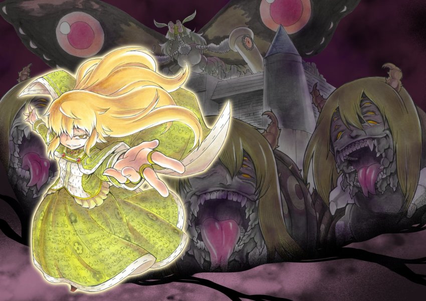 1girl, arthropod_girl, aura, blonde_hair, breasts, bug, butterfly, cape