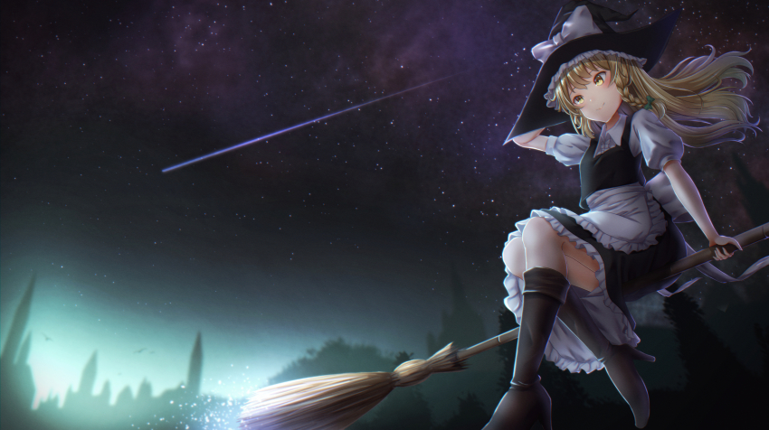 1girl, apron, arm_up, black_boots, black_hat, black_skirt, black_vest, blonde_hair, blurry, blurry_background, boots, braid, broom, broom_riding, fall_(5754478), from_below, gradient_sky, hair_blowing, hand_on_headwear, hat, high_heel_boots, high_heels, highres, holding, holding_broom, kirisame_marisa, knee_boots, latin_commentary, light_blush, long_hair, looking_at_viewer, night, outdoors, petticoat, puffy_short_sleeves, puffy_sleeves, shirt, shooting_star, short_sleeves, sidesaddle, single_braid, skirt, sky, smile, solo, star_(sky), starry_sky, touhou, twilight, very_long_hair, vest, waist_apron, white_shirt, wide_shot, witch_hat, yellow_eyes
