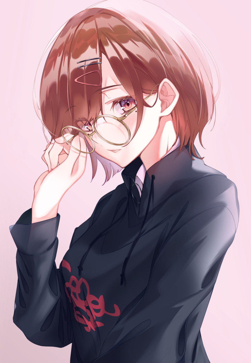 1girl, adjusting_eyewear, black_shirt, blunt_ends, blush, cute_mdr, glasses, hair_ornament, hairclip, hairpin, hand_up, highres, higuchi_madoka, idolmaster, idolmaster_shiny_colors, long_sleeves, looking_at_viewer, looking_to_the_side, mole, mole_under_eye, pink_background, print_shirt, red_hair, round_eyewear, school_uniform, shirt, simple_background, solo, sweater, upper_body, yellow-framed_eyewear