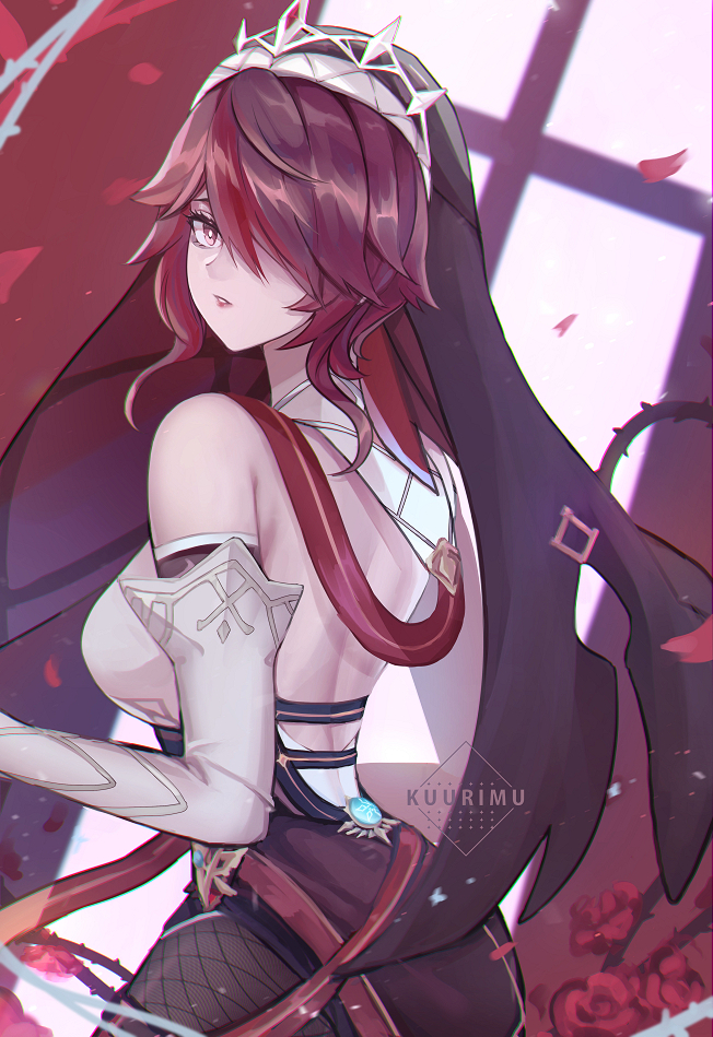 1girl, bare_shoulders, belt, black_dress, blush, breasts, dress, elbow_gloves, fishnet_legwear, fishnets, genshin_impact, gloves, habit, hair_between_eyes, hair_over_one_eye, jewelry, kuurimu, large_breasts, looking_at_viewer, looking_back, multicolored_hair, multicolored_headwear, nun, nun_headdress, parted_lips, pendant, purple_eyes, purple_hair, purple_legwear, red_hair, rosaria_(genshin_impact), short_hair, solo, streaked_hair, thighs, tiara, two-tone_dress, vision_(genshin_impact), white_dress, white_gloves