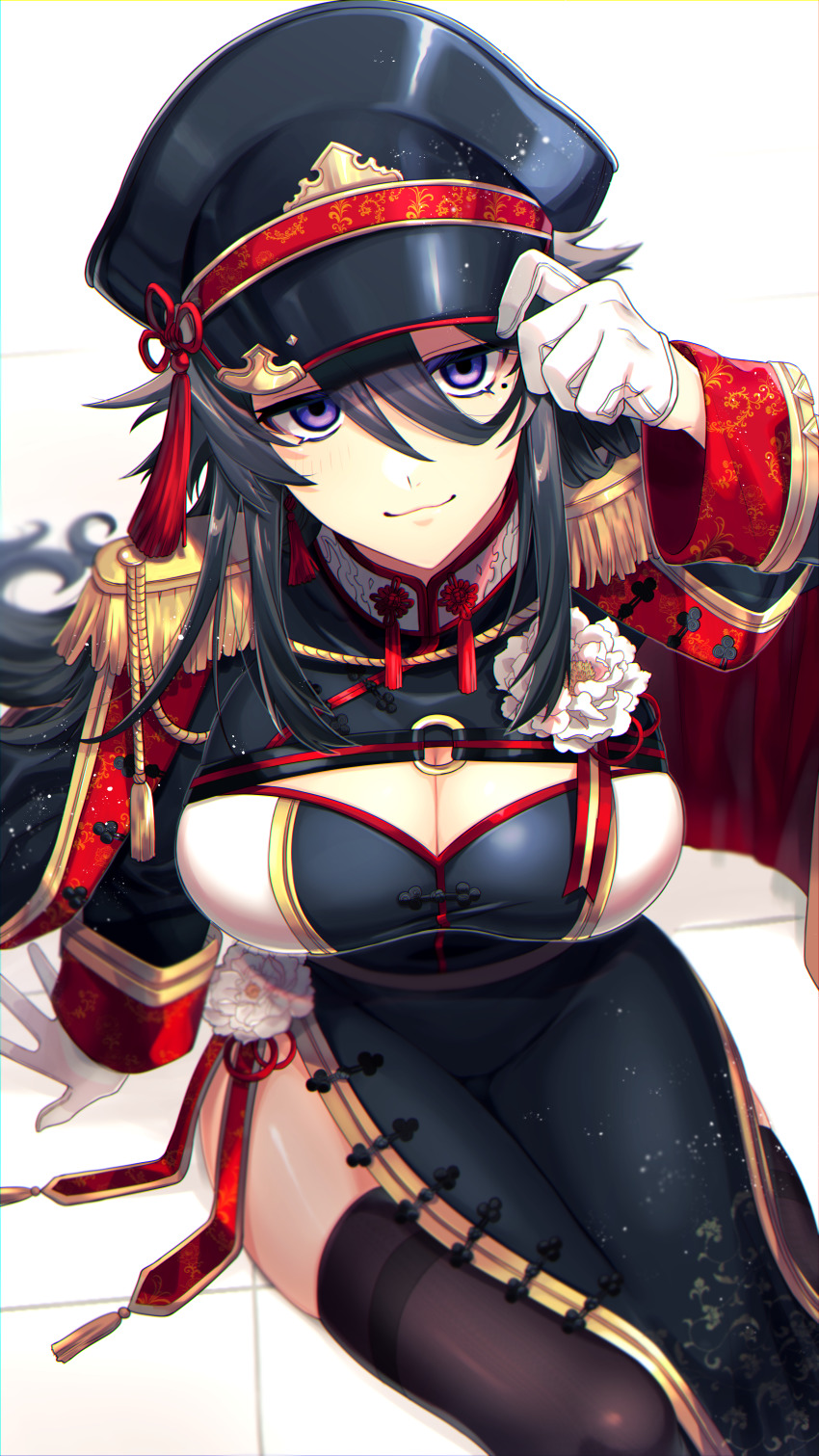 1girl, absurdres, aiguillette, black_cape, black_hair, black_thighhighs, breasts, cape