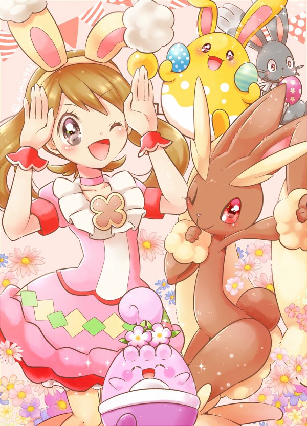 1girl, aimi_(aimia492), alternate_color, animal_ears, azumarill, blush, brown_hair, bunnelby