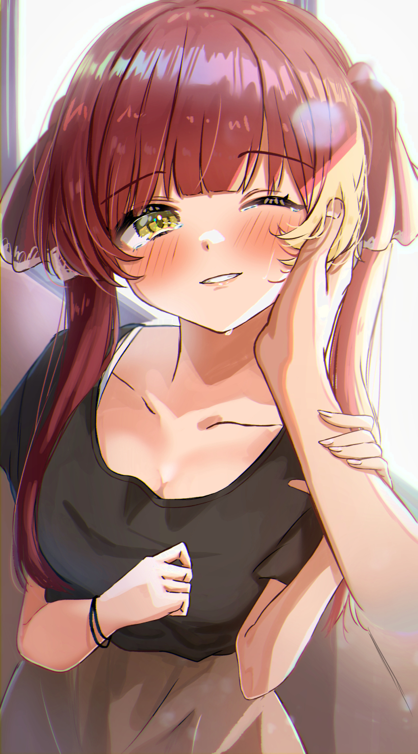 1girl, absurdres, amefukura_art, blurry, blurry_background, blush, casual, collarbone