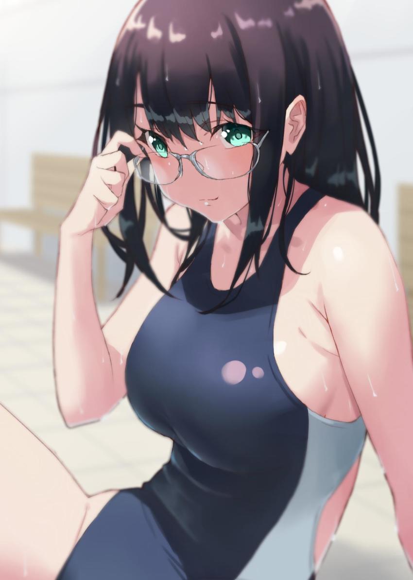 1girl, adjusting_eyewear, bare_arms, bench, black_one-piece_swimsuit, blurry, breasts, brown_hair