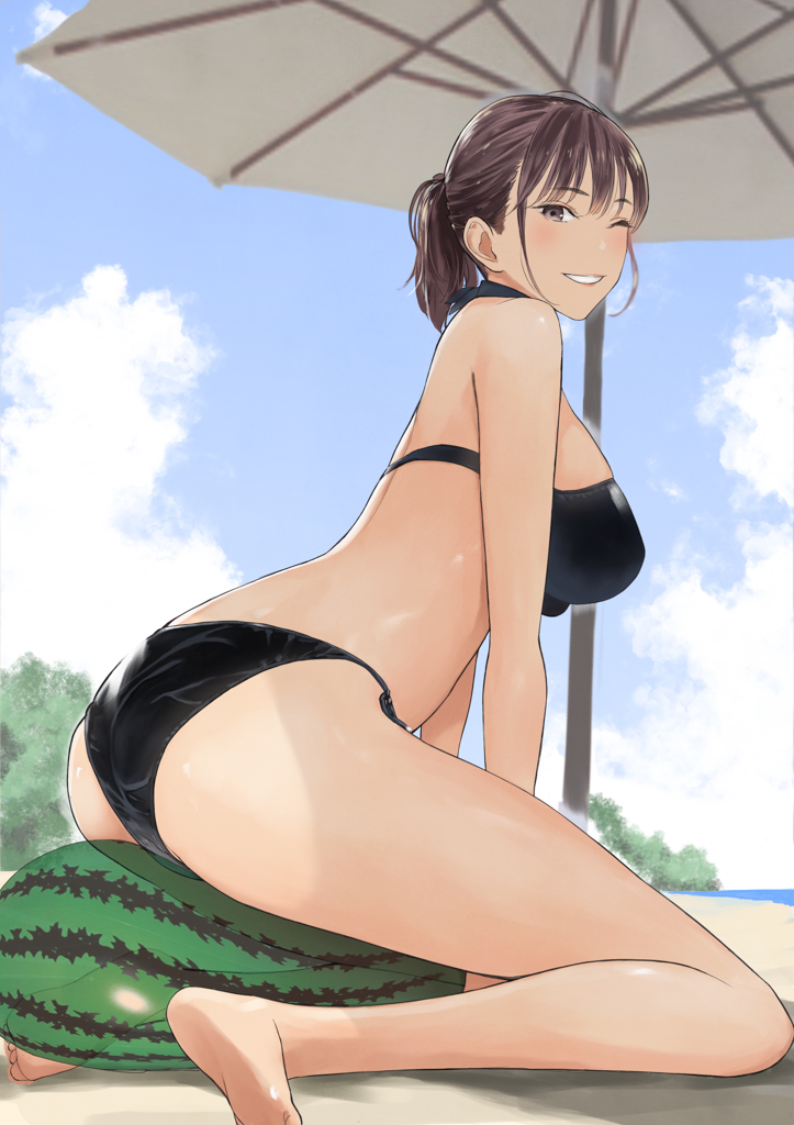 1girl, arm_support, arms_between_legs, ass, back, ball, barefoot, beach
