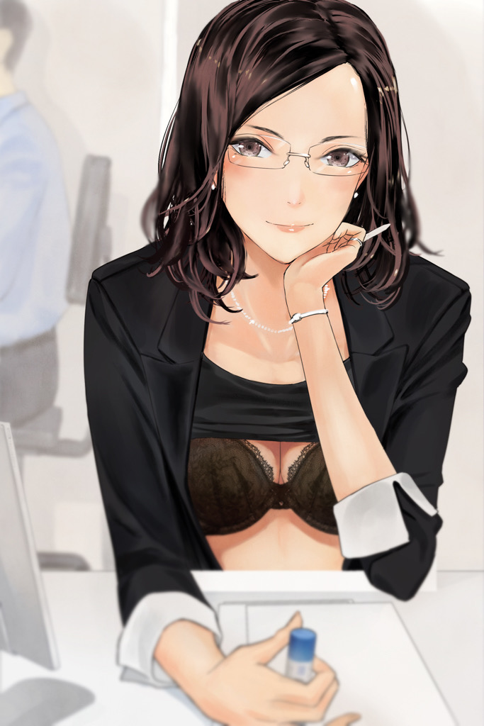1boy, 1girl, black_bra, black_shirt, black_suit, blurry, blush, bra, bracelet, breasts, brown_hair, business_suit, chair, clothes_lift, depth_of_field, desk, elbow_rest, formal_clothes, glasses, hand_on_own_cheek, hand_on_own_face, hand_up, holding, holding_marker, indoors, jewelry, lace, lace-trimmed_bra, lace_trim, light_smile, lips, looking_at_viewer, marker, mature_female, monitor, necklace, office, office_chair, office_lady, original, parted_bangs, pearl_necklace, rectangular_eyewear, rimless_eyewear, ring, shida_(ddfd), shirt, shirt_lift, sitting, sleeves_rolled_up, solo_focus, suit, swivel_chair, underwear
