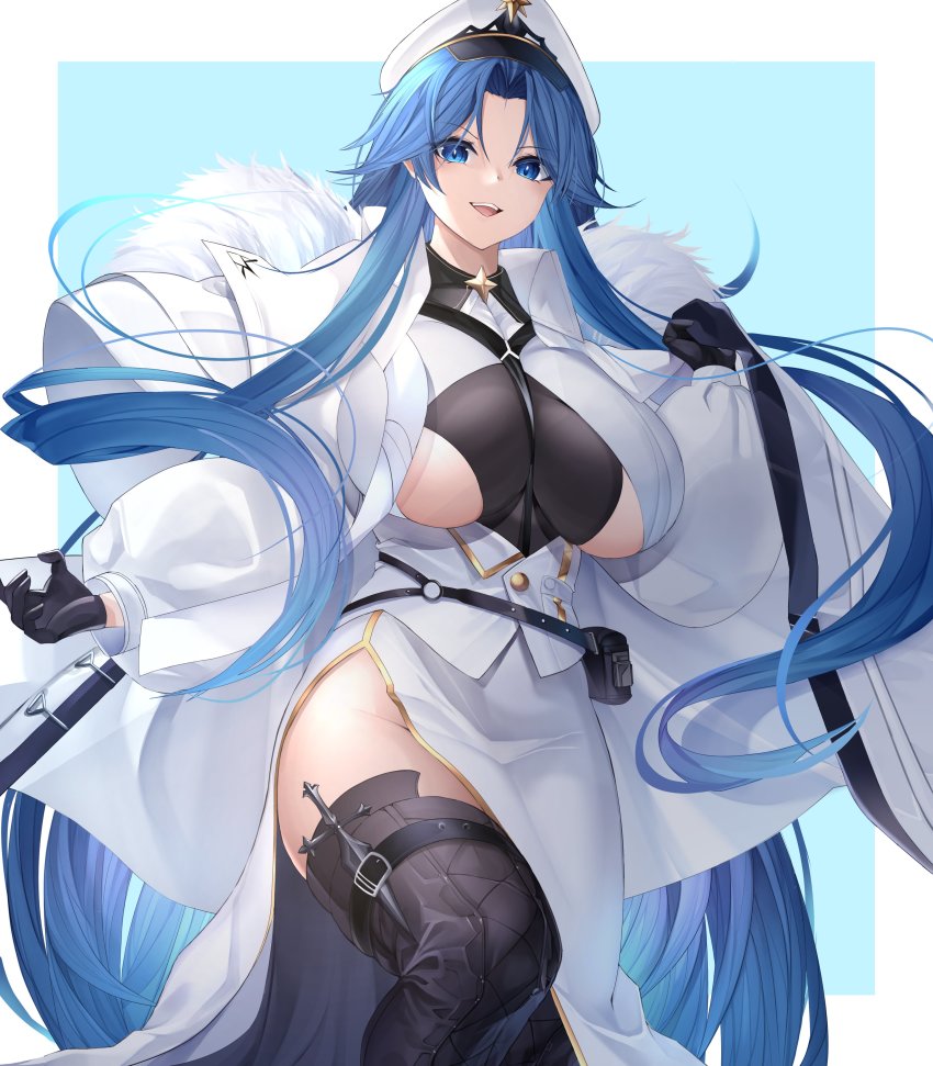 1girl, absurdres, azur_lane, bad_id, bad_twitter_id, black_gloves, black_thighhighs, blue_background, blue_eyes, blue_hair, blush, border, breasts, clothing_cutout, coat, coat_dress, crossed_legs, dress, fur_collar, g3_(bitgiii), gloves, hat, highres, huge_breasts, large_breasts, looking_at_viewer, military_hat, northern_parliament_(emblem), side_cutout, sitting, sovetskaya_belorussiya_(azur_lane), thick_thighs, thighhighs, thighs, underboob, white_border, white_coat, white_headwear