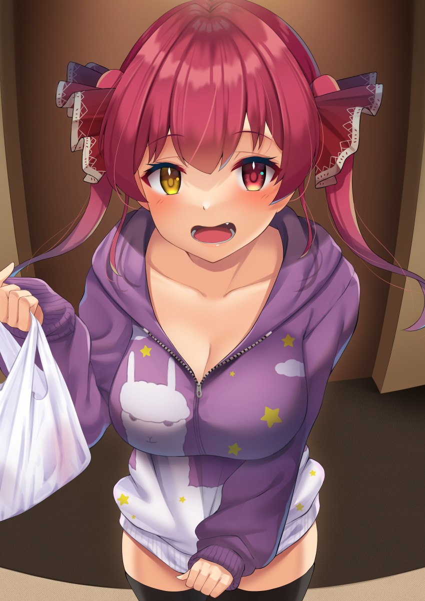 1girl, absurdres, alternate_costume, animal_print, bag, black_thighhighs, breasts, cleavage