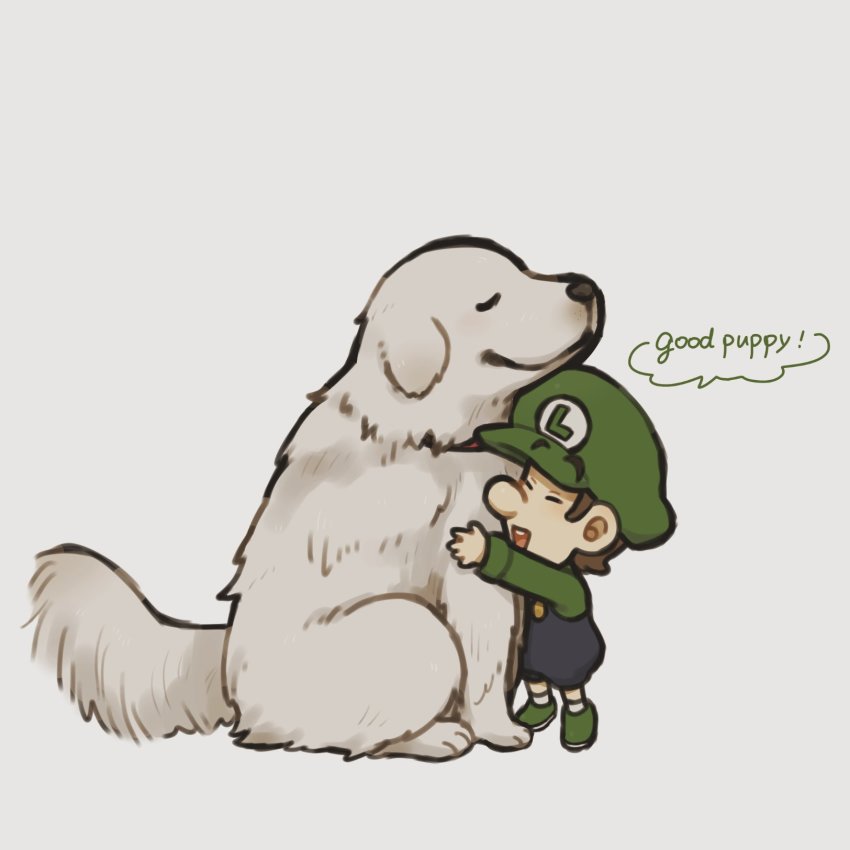 ankle_socks, baby, baby_luigi, brown_hair, dog, eyebrows_visible_through_hat, closed_eyes, fluffy