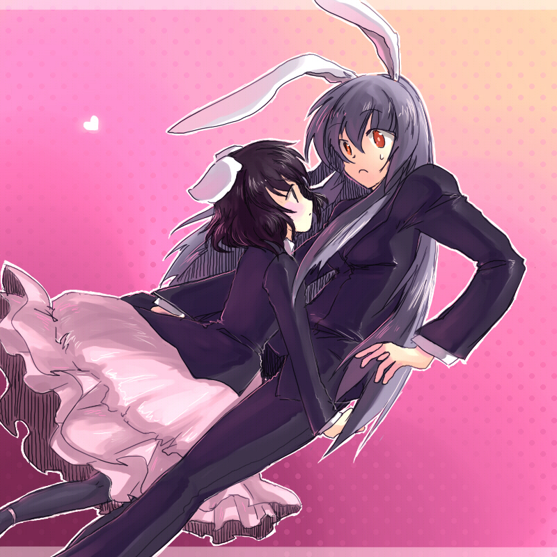 2girls, animal_ears, black_hair, blazer, female_focus, formal_clothes, inaba_tewi, jacket