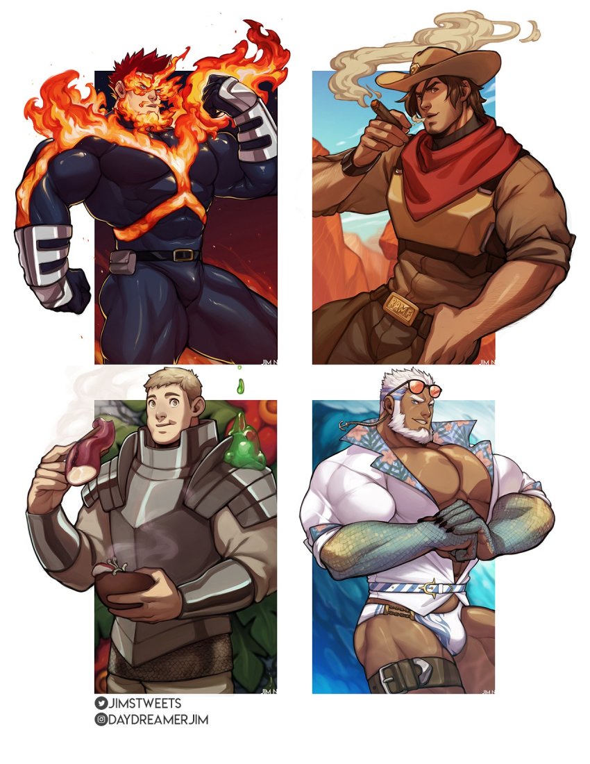 4boys, abs, aegir_(housamo), aegir_(swimsuit)_(housamo), aged_down, anchor_earrings, aqua_hair, armor, ass, bara, bare_pectorals, beard, biceps, blue_bodysuit, blue_eyes, blue_male_swimwear, bodysuit, boku_no_hero_academia, bracer, bulge, cassidy_(overwatch), character_request, chest_harness, cigar, covered_abs, crossover, dark-skinned_male, dark_skin, earrings, endeavor_(boku_no_hero_academia), facial_hair, feet_out_of_frame, fiery_hair, fins, fire, fist_in_hand, flexing, harness, highres, jewelry, jimsdaydreams, large_pectorals, male_focus, male_swimwear, mature_male, multicolored_hair, multiple_boys, multiple_crossover, muscular, muscular_male, navel, nipples, open_clothes, open_shirt, overwatch, overwatch_1, own_hands_together, pectoral_cleavage, pectorals, print_male_swimwear, shirt, short_hair, sideburns, single_earring, smoking, streaked_hair, stubble, swim_briefs, thick_thighs, thighs, tokyo_houkago_summoners, white_hair, white_male_swimwear, white_shirt, wind