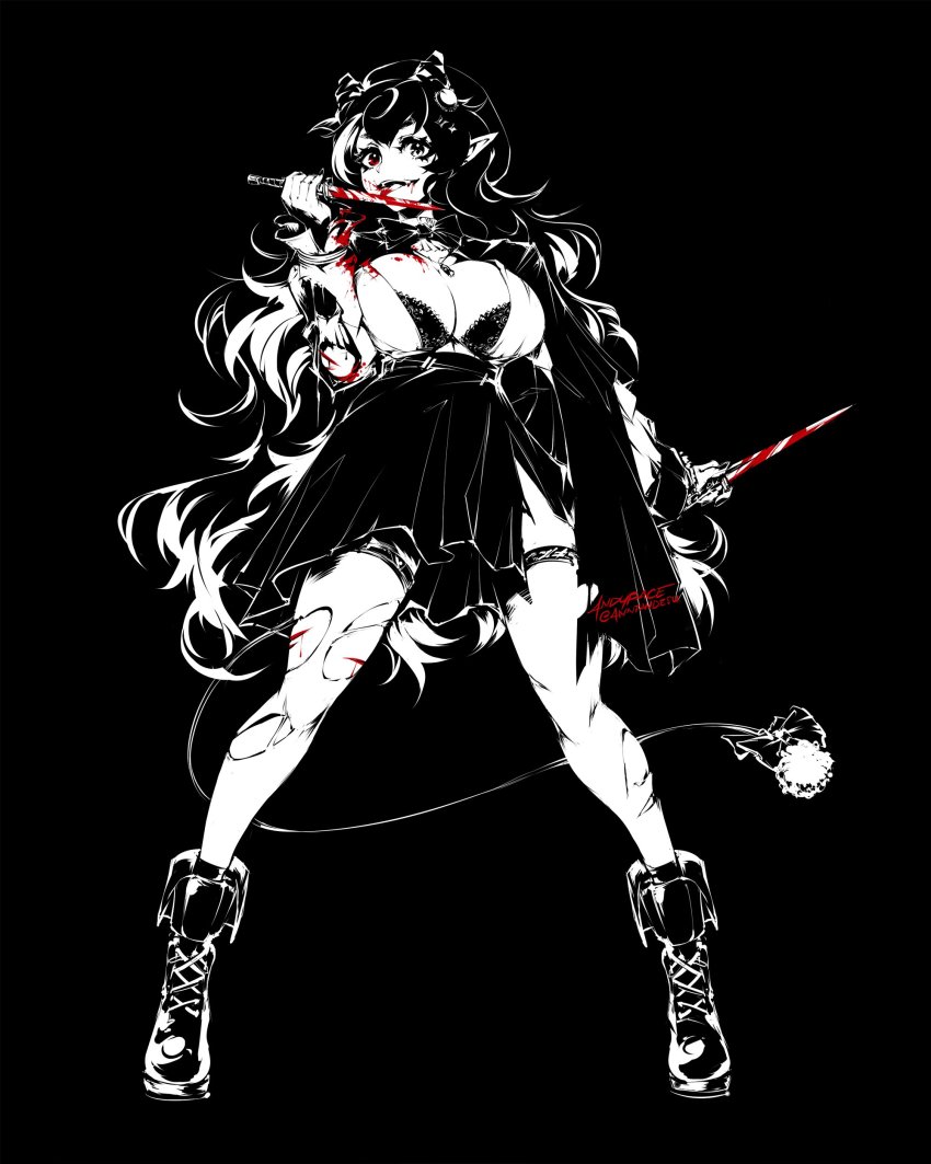 1girl, absurdres, andyface, anntan_(vtuber), black_background, black_bra, black_eyes, blood, blood_on_clothes, blood_on_face, blood_on_leg, bloody_weapon, boots, bra, breasts, capelet, cleavage, fangs, hair_behind_ear, heterochromia, highres, holding, holding_knife, indie_virtual_youtuber, knife, large_breasts, long_hair, monochrome, pointy_ears, red_eyes, skirt, solo, spot_color, thighhighs, torn_clothes, torn_thighhighs, underwear, very_long_hair, virtual_youtuber, weapon
