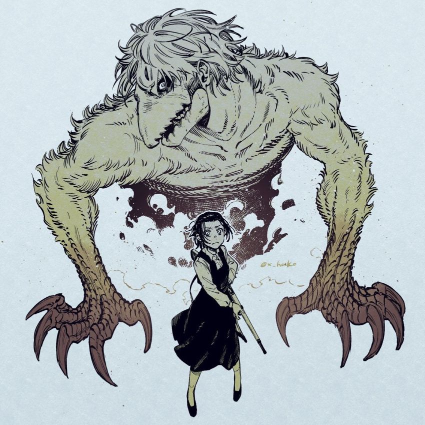 beak, black_dress, black_hair, blood, claws, jaw_titan, dress, falco_grice, fur, gabi_braun, gun, highres, looking_at_viewer, monochrome, monster, rifle, shingeki_no_kyojin, spoilers, titan_(shingeki_no_kyojin), weapon, x_hako