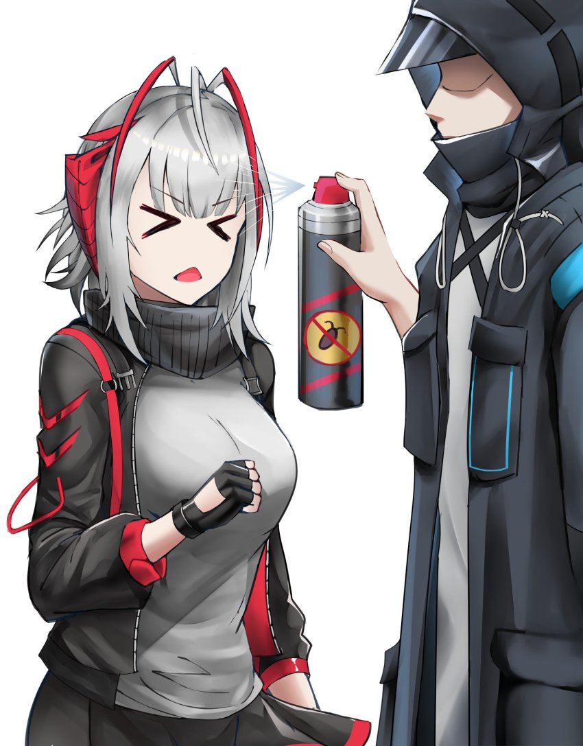 >_<, 1girl, 1other, ahoge, ambiguous_gender, arki_arasy, arknights, black_jacket