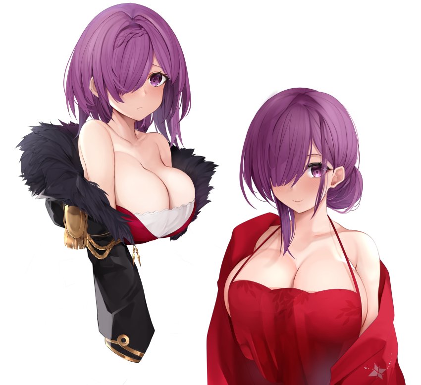 1girl, absurdres, azur_lane, bare_shoulders, black_jacket, breasts, cleavage, closed_mouth, dress, fur_collar, g3_(bitgiii), hair_bun, hair_over_one_eye, halterneck, highres, jacket, large_breasts, looking_at_viewer, medium_hair, official_alternate_costume, penelope_(azur_lane), penelope_(ruby-red_boudoir)_(azur_lane), purple_eyes, purple_hair, red_dress, sidelocks, single_hair_bun, smile, white_background