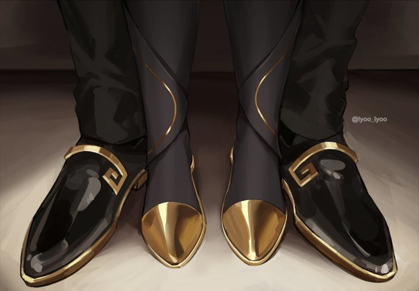 2boys, aether_(genshin_impact), black_legwear, close-up, commentary, english_commentary, feet, foot_focus