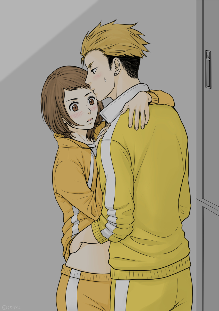 1boy, 1girl, absurdres, blonde_hair, blush, brown_hair, collared_jacket, earrings