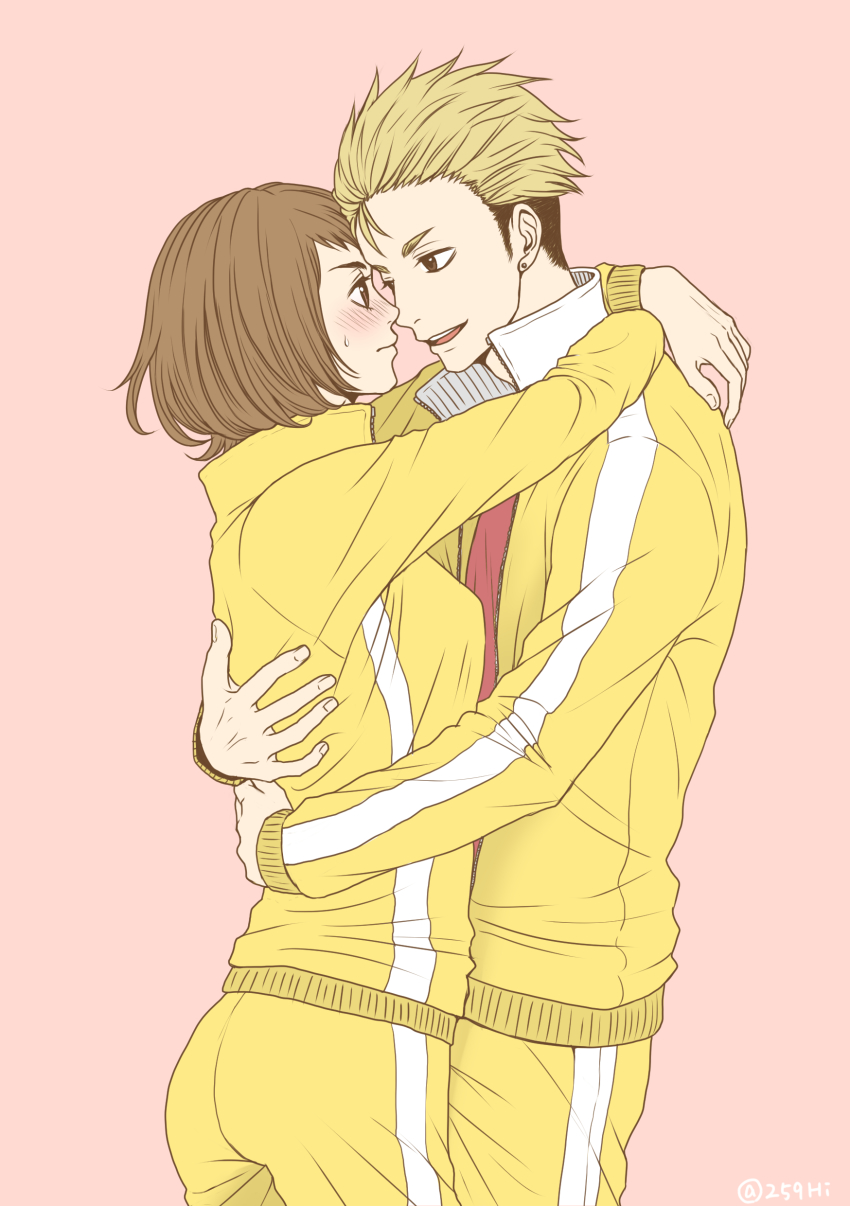 1boy, 1girl, absurdres, blonde_hair, blush, breasts, brown_hair, collared_jacket