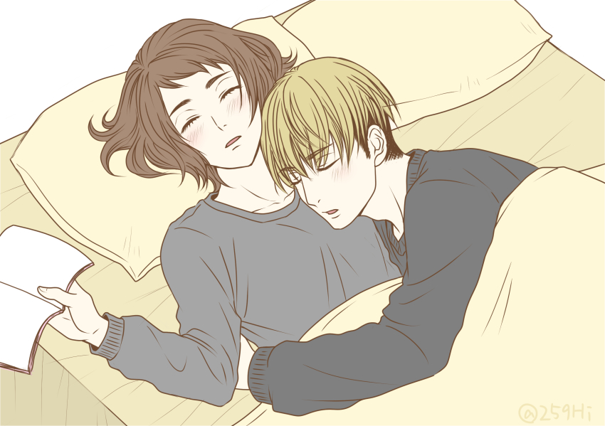 1boy, 1girl, alternate_hairstyle, bed, bed_sheet, bedroom, blonde_hair, book, brown_hair, couple, haikyuu!!, hetero, hi-259, highres, holding, holding_book, hug, light_blush, misaki_hana, multicolored_hair, pajamas, short_hair, simple_background, sleeping, terushima_yuuji, two-tone_hair, waist_hug