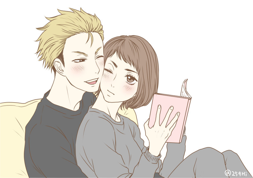 1boy, 1girl, bedroom, black_pajamas, blonde_hair, blush, book, brown_eyes