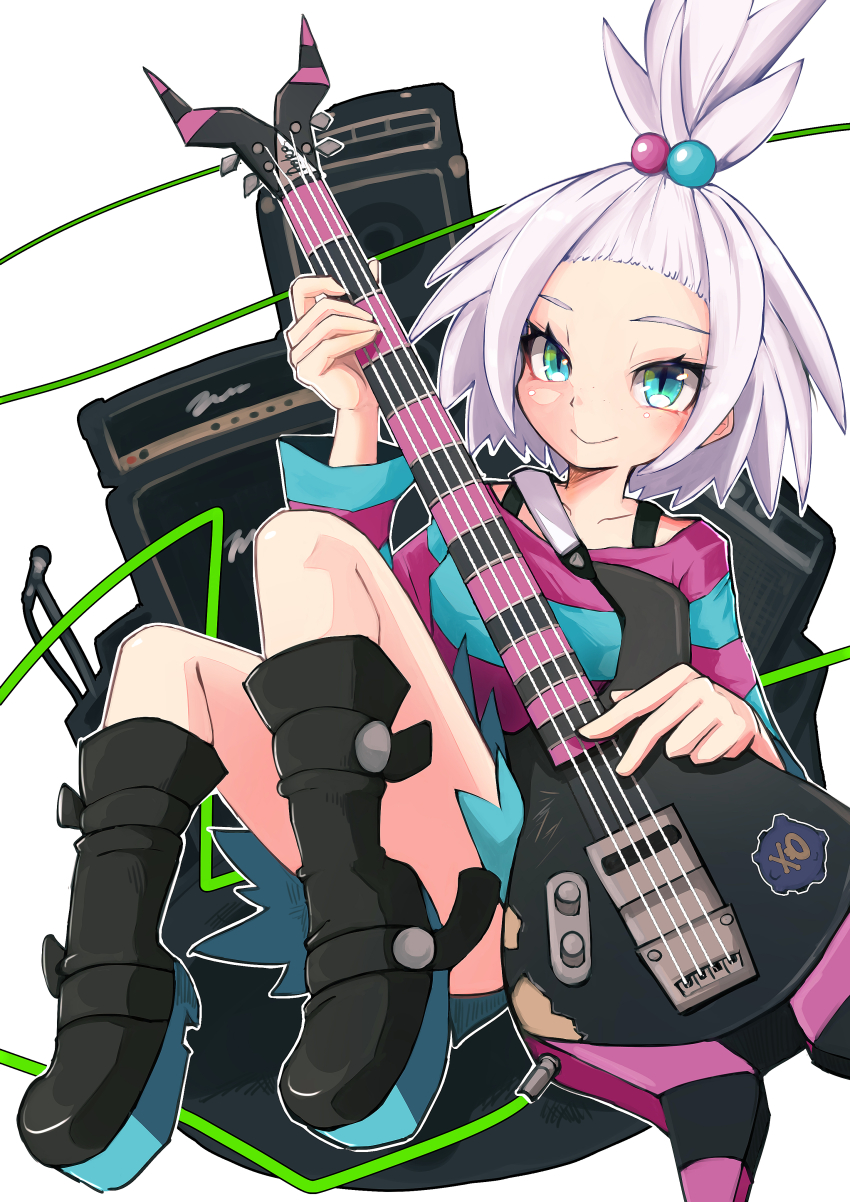 1girl, absurdres, amplifier, bass_guitar, black_boots, blush, boots, cable