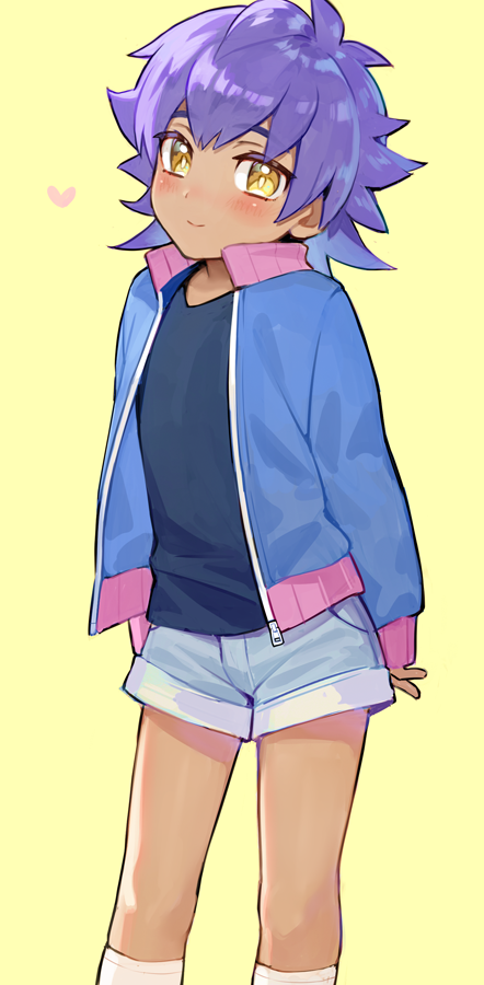 1boy, aged_down, black_shirt, blue_jacket, blush, closed_mouth, commentary_request, dark-skinned_male