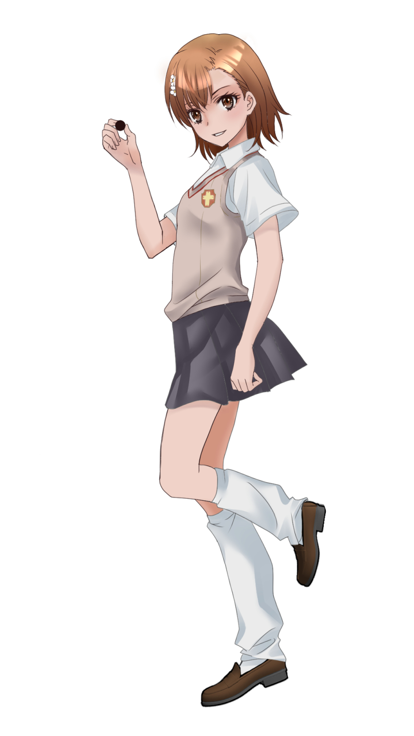 1girl, brown_eyes, brown_hair, brown_shoes, coin, commentary_request, full_body, grey_skirt