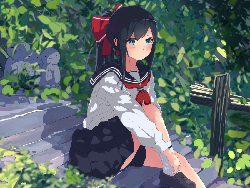 1girl, absurdres, aqua_eyes, black_hair, black_sailor_collar, black_shoes, black_skirt, branch