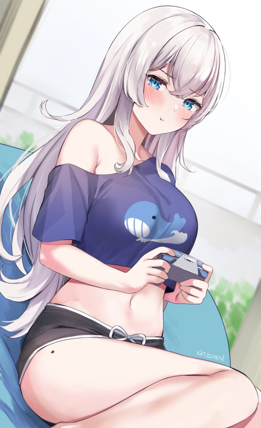 1girl, :t, animal_print, armpit_crease, bare_legs, bare_shoulders, bean_bag_chair, black_shorts, blue_eyes, blue_shirt, borrowed_character, breasts, crop_top, crop_top_overhang, crossed_bangs, dolphin_shorts, dutch_angle, frown, game_controller, hair_between_eyes, highres, holding, kaetzchen, large_breasts, long_hair, looking_at_viewer, micro_shorts, midriff, mole, mole_on_thigh, navel, off_shoulder, original, playstation_controller, pout, sanyu_(ry_thae), shirt, short_shorts, short_sleeves, shorts, silver_hair, sitting, solo, stomach, thighs