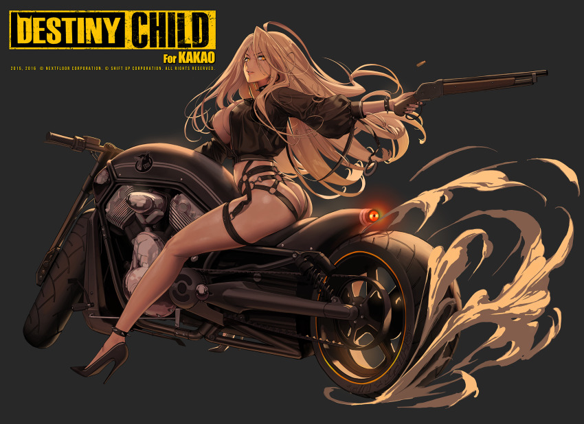 1girl, aiming, anklet, ass, ass_cutout, black_footwear, black_jacket, blonde_hair, bracelet, breasts, butt_crack, cleavage, clothing_cutout, collar, dark_background, destiny_child, full_body, gun, high_heels, highres, holding, holding_gun, holding_weapon, jacket, jewelry, kubaba_(destiny_child), large_breasts, legs, lever-action_shotgun, lever_action, long_hair, long_sleeves, looking_back, motor_vehicle, motorcycle, nail_polish, official_art, open_clothes, open_jacket, orange_eyes, parted_lips, sawed-off_shotgun, shell_casing, shotgun, sitting, sitting_on_object, solo, spiked_anklet, spiked_bracelet, spiked_collar, spikes, thigh_strap, thong, weapon, winchester_model_1887, zig90