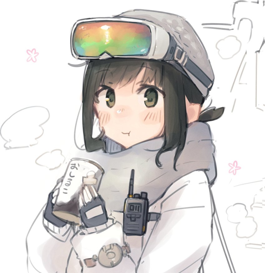 1girl, alternate_costume, beanie, black_eyes, black_gloves, black_hair, can, commentary_request