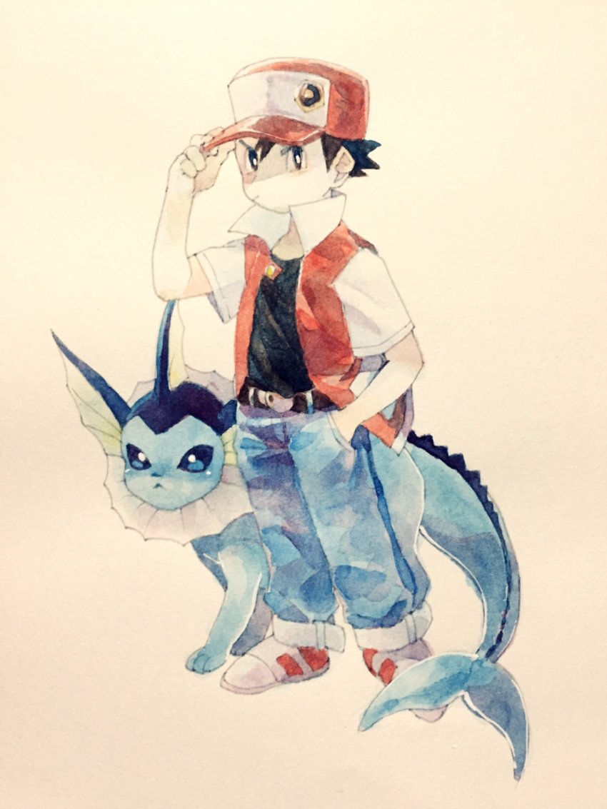 1boy, 7ppiya_(napami), baseball_cap, belt, black_eyes, black_hair, blue_eyes, bright_pupils