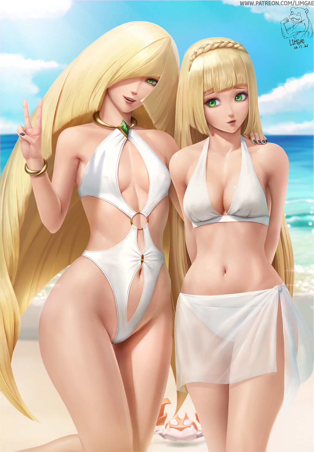 2girls, arm_around_shoulder, arms_behind_back, artist_logo, artist_name, beach, bikini, bikini_skirt, black_nails, blonde_hair, blunt_bangs, bracelet, braid, breasts, cleavage, clothing_cutout, collar, collarbone, covered_erect_nipples, crown_braid, dated, fingernails, gen_1_pokemon, gold_bracelet, green_eyes, hair_over_one_eye, highleg, highleg_swimsuit, highres, jewelry, krabby, lillie_(pokemon), limgae, logo, long_hair, looking_at_another, looking_at_viewer, lusamine_(pokemon), mature_female, medium_breasts, metal_collar, mother_and_child, mother_and_daughter, multiple_girls, nail_polish, navel, navel_cutout, nintendo, o-ring, o-ring_swimsuit, ocean, one-piece_swimsuit, parent_and_child, parted_lips, patreon_username, pear-shaped_figure, pelvic_curtain, pokemon, pokemon_(creature), pokemon_sun_and_moon, sidelocks, sky, small_breasts, stomach, swimsuit, take_your_pick, teeth, upper_teeth_only, v, very_long_hair, white_bikini, white_one-piece_swimsuit