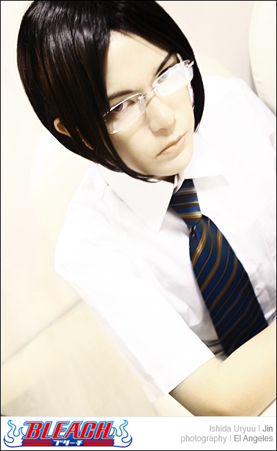 1girl, androgynous, behindinfinity, black_hair, bleach, blue_necktie, cosplay, crossdressing, female_focus, frown, gender_request, glasses, ishida_uryuu, necktie, photo_(medium), reverse_trap, shirt, solo, striped_clothes, striped_necktie, white_shirt, yellow_necktie