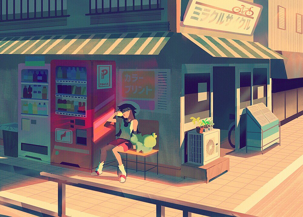 1girl, aqua_shirt, aqua_socks, bench, brown_hair, building, bulbasaur, chuwenjie, closed_eyes, commentary, drinking, gen_1_pokemon, hat, holding, leaf_(pokemon), long_hair, loose_socks, nintendo, open_mouth, outdoors, pokemon, pokemon_(creature), pokemon_firered_and_leafgreen, red_skirt, shirt, shoes, sitting, skirt, sleeveless, sleeveless_shirt, slice_of_life, socks, vending_machine, white_headwear