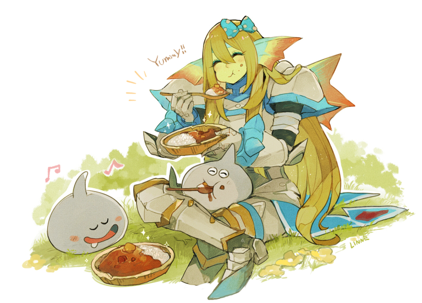 1boy, armor, blonde_hair, bow, curry, dragon_quest, dragon_quest_x, eating