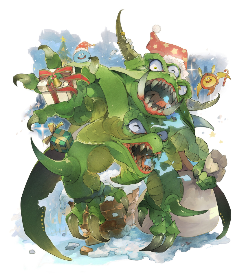 ^_^, bell, brick, candy, candy_cane, christmas, christmas_ornaments, christmas_present, christmas_tree, claws, closed_eyes, dragon_quest, dragon_quest_iv, extra_eyes, extra_mouth, food, gift, hat, highres, holding, holding_gift, holding_sack, linne_(hld_doreko), mistletoe, psaro_the_manslayer_(dragon_quest_iv), sack, santa_hat, slime_(dragon_quest)