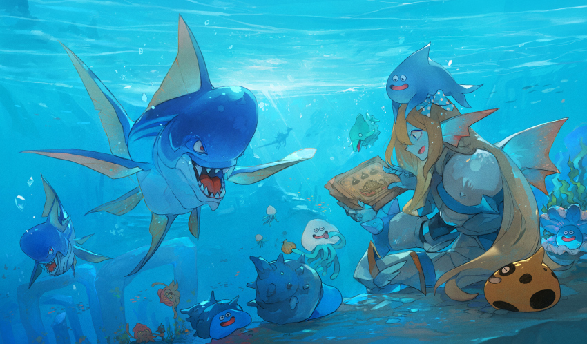 1boy, armor, blonde_hair, clam_shell, dragon_quest, dragon_quest_x, escalin_(hld_doreko), fins, fish, hieroglyphics, highres, linne_(hld_doreko), long_hair, low-tied_long_hair, ocean, ruins, seaweed, sharp_teeth, slime_(dragon_quest), teeth, trap, underwater