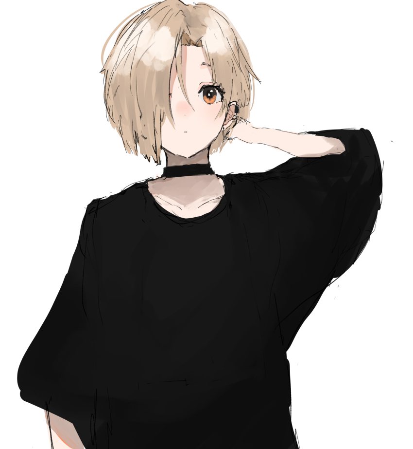1girl, absurdres, asymmetrical_bangs, asymmetrical_hair, black_choker, black_shirt, blonde_hair, choker, closed_mouth, collarbone, covered_eyes, ear_piercing, earrings, expressionless, grey_background, hair_over_one_eye, hand_on_own_head, hand_up, highres, idolmaster, idolmaster_cinderella_girls, jewelry, looking_at_viewer, oversized_clothes, oversized_shirt, piercing, pikuson, shirasaka_koume, shirt, short_sleeves, simple_background, solo, upper_body