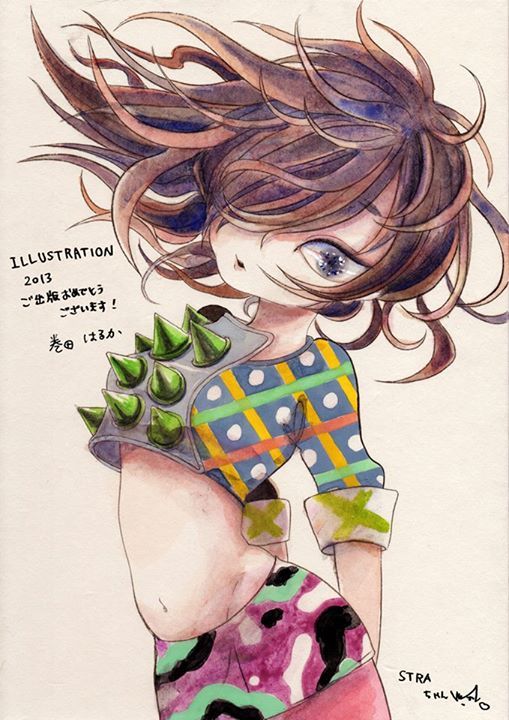 1girl, 2013, brown_hair, cowboy_shot, floating_hair, grey_eyes, hair_over_one_eye, illustration.media