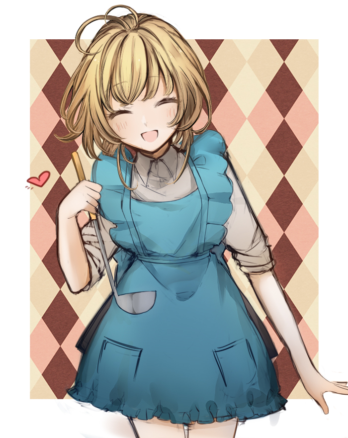 1girl, :d, antenna_hair, apron, argyle_background, argyle_clothes, bad_id, bad_pixiv_id