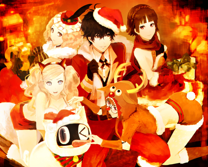 1boy, 1other, 4girls, :d, amamiya_ren, animal_costume, antlers, bag