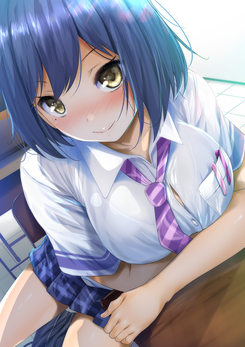 1girl, bad_id, bad_twitter_id, blue_hair, blue_skirt, blush, breast_pocket, breasts, button_gap, chair, collared_shirt, desk, dress_shirt, fumihiko_(fu_mihi_ko), highres, indoors, large_breasts, mole, mole_under_eye, necktie, nijisanji, plaid_clothes, plaid_skirt, pleated_skirt, pocket, purple_necktie, school_chair, school_desk, school_uniform, shirt, shizuka_rin, shizuka_rin_(summer_uniform), short_hair, short_sleeves, sitting, skirt, smile, solo, striped_clothes, striped_necktie, striped_neckwear, virtual_youtuber, white_shirt, wing_collar